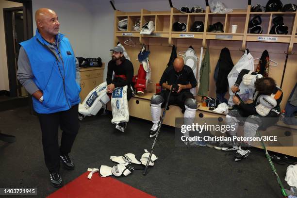 Head coach Grant Fuhr of Team Fuhr talks to his team in the locker room during 3ICE Week One at the Orleans Arena on June 18, 2022 in Las Vegas,...