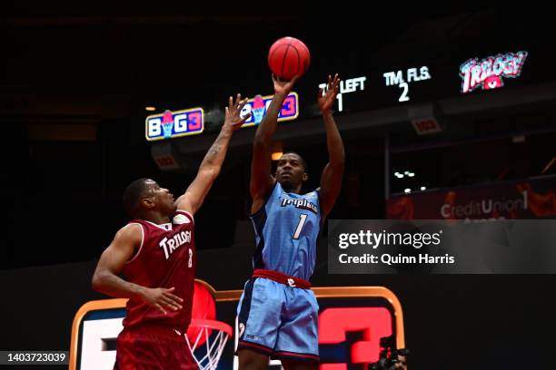 Joe Johnson of the Triplets shoots against James White of the Trilogy during Week One at Credit Union 1 Arena on June 18, 2022 in Chicago, Illinois.