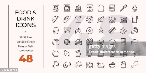 essen und trinken linie symbole - baguette sandwich stock-grafiken, -clipart, -cartoons und -symbole