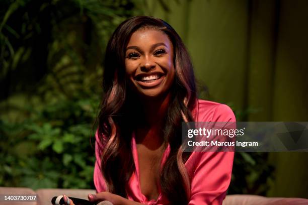 Coco Jones speaks onstage at Unbothered Presents 'The Glow Up' on June 18, 2022 in Atlanta, Georgia.