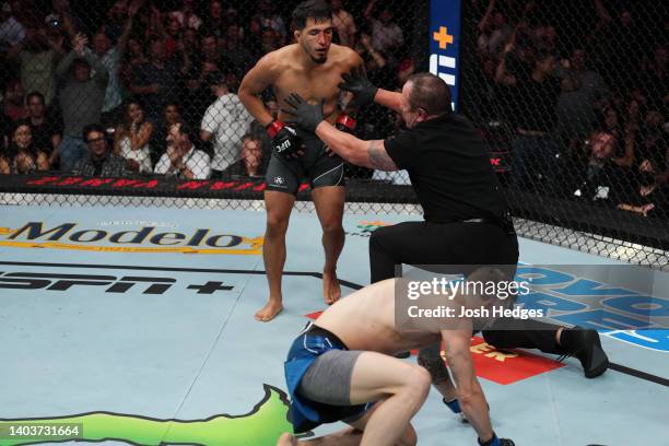 Adrian Yanez reacts after defeating Tony Kelley in a bantamweight fight during the UFC Fight Night event at Moody Center on June 18, 2022 in Austin,...