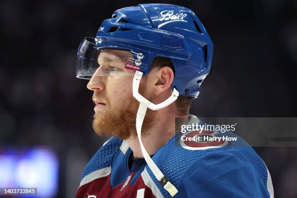 Nathan MacKinnon of the Colorado Avalanche looks on prior to Game Two against the Tampa Bay Lightning in the 2022 NHL Stanley Cup Final at Ball Arena...