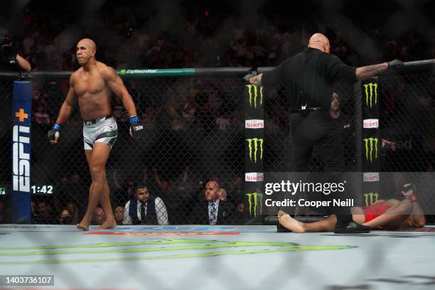 Gregory Rodrigues of Brazil reacts after defeating Julian Marquez in a middleweight fight during the UFC Fight Night event at Moody Center on June...