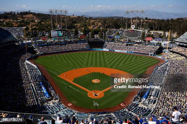 General view of play between the Cleveland Guardians and the Los Angeles Dodgers at Dodger Stadium on June 18, 2022 in Los Angeles, California.