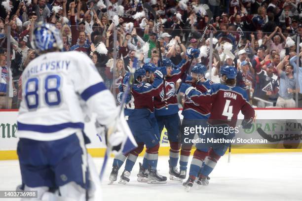 Valeri Nichushkin of the Colorado Avalanche celebrates with teammates after scoring a goal in the first period in Game Two of the 2022 NHL Stanley...
