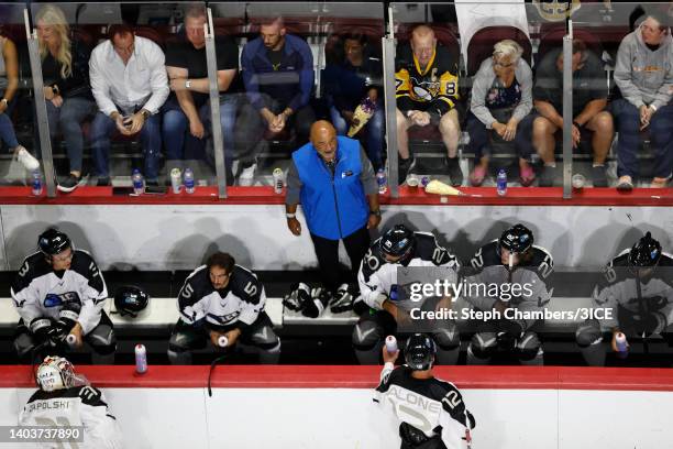 Head coach Grant Fuhr of Team Fuhr looks on in the game against Team Trottier during 3ICE Week One at the Orleans Arena on June 18, 2022 in Las...