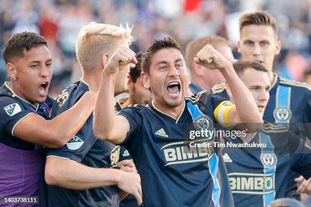 Alejandro Bedoya of Philadelphia Union celebrates with teammates after scoring his team's first goal during the first half against FC Cincinnati at...