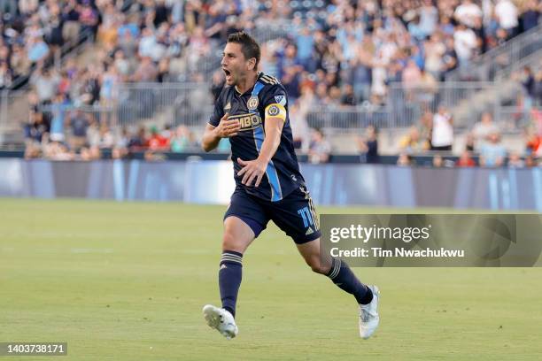 Alejandro Bedoya of Philadelphia Union celebrates after scoring his team's first goal during the first half against FC Cincinnati at Subaru Park on...