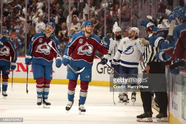 Andre Burakovsky of the Colorado Avalanche reacts after scoring a goal during the first period in Game Two of the 2022 NHL Stanley Cup Final against...