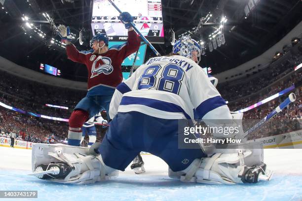 Valeri Nichushkin of the Colorado Avalanche scores a goal on Andrei Vasilevskiy of the Tampa Bay Lightning during the first period in Game Two of the...