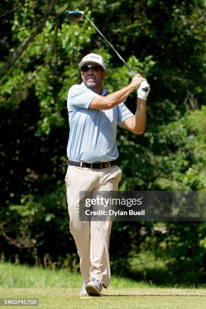 Erik Compton of the United States plays his shot from the third tee during the third round of the Wichita Open Benefitting KU Wichita Pediatrics at...