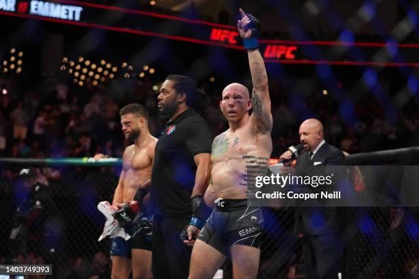 Josh Emmett reacts after defeating Calvin Kattar in a featherweight fight during the UFC Fight Night event at Moody Center on June 18, 2022 in...
