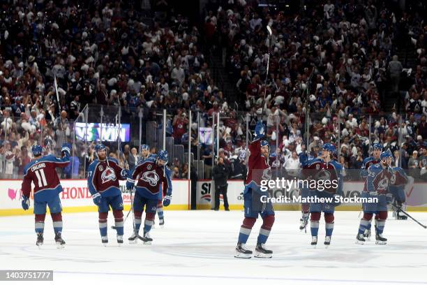 The Colorado Avalanche celebrate a win over the Tampa Bay Lightning in Game Two of the 2022 NHL Stanley Cup Final at Ball Arena on June 18, 2022 in...