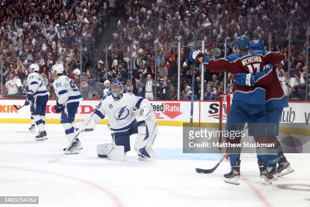 Valeri Nichushkin of the Colorado Avalanche celebrates a goal scored on Andrei Vasilevskiy of the Tampa Bay Lightning during the second period in...