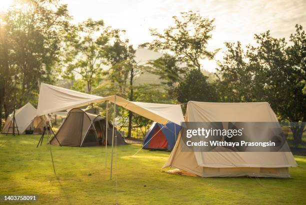 campground on the edge of the forest - tarpaulin stock pictures, royalty-free photos & images