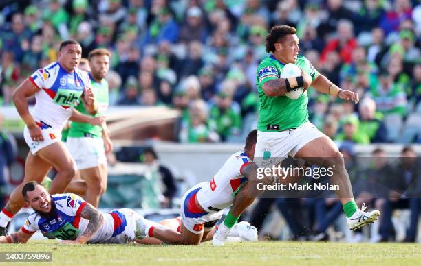 Josh Papalii of the Raiders makes a line break during the round 15 NRL match between the Canberra Raiders and the Newcastle Knights at GIO Stadium,...