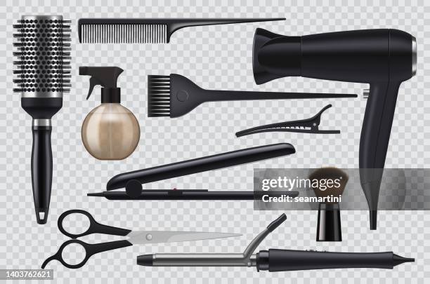 realistic hairdresser tools, barbershop items - hair brush stock illustrations