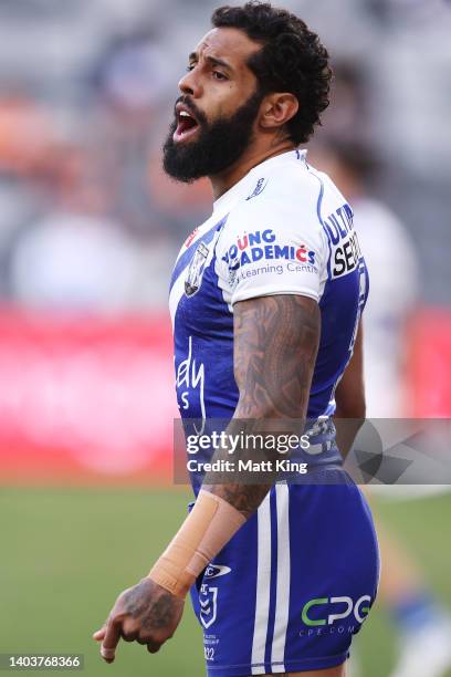 Josh Addo-Carr of the Bulldogs warms up during the round 15 NRL match between the Canterbury Bulldogs and the Wests Tigers at CommBank Stadium, on...