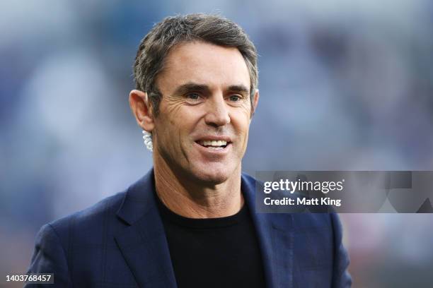 Commentator and NSW Blues head coach Brad Fittler looks on during the round 15 NRL match between the Canterbury Bulldogs and the Wests Tigers at...