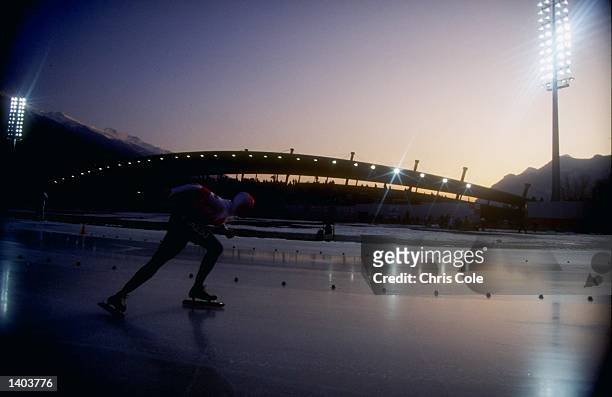 General view of a competitor in action during the women''s 1000m speed skating competition during the 1992 Winter Olympic Games in Albertville,...