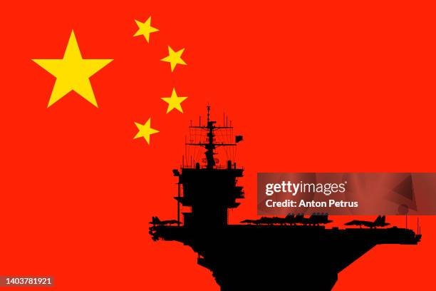 aircraft carrier on the background of the china flag. - flugzeugträger stock-fotos und bilder