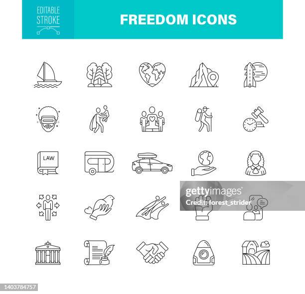 stockillustraties, clipart, cartoons en iconen met freedom icons editable stroke. pixel perfect. for mobile and web. contains such icons as planet earth, cosmos, speech, justice, law, travel - community engagement