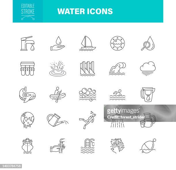 ilustraciones, imágenes clip art, dibujos animados e iconos de stock de iconos de agua trazo editable. contiene iconos como olas de mar, pozo de agua, tsunami, recursos acuáticos - presa