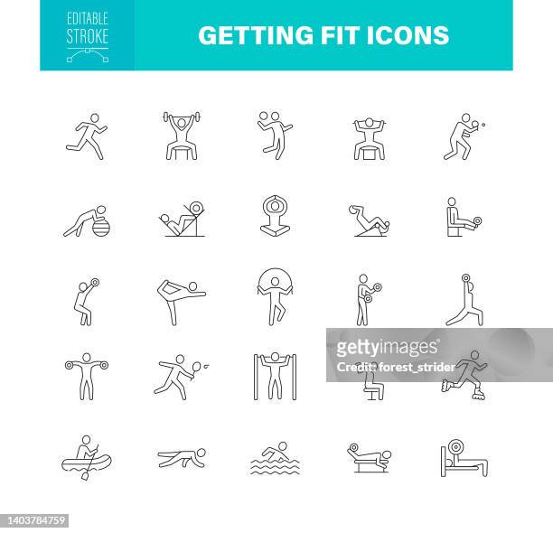 getting fit icons editable stroke. the set contains icons as fitness, bodybuilding, swimming, workout, running, diet - aerobics class 幅插畫檔、美工圖案、卡通及圖標