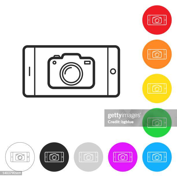 ilustraciones, imágenes clip art, dibujos animados e iconos de stock de smartphone con cámara. icono en botones coloridos - mensaje de móvil