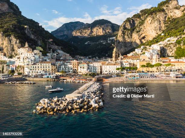 aerial view of amalfi coast and village in italy - naples italy church stock pictures, royalty-free photos & images