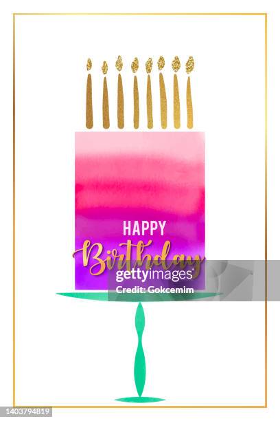 watercolor happy birthday cake with gold colored candles. hand drawn stylized cartoon watercolor sketch. watercolor happy birthday greeting card template layout. - cream cake stock illustrations