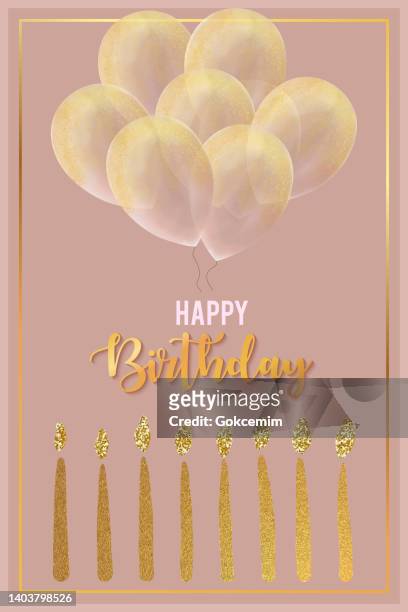 ilustrações, clipart, desenhos animados e ícones de modelo de cartão de comemoração de feliz aniversário com moldura dourada e balões e velas brilhantes de ouro. - vela de aniversário