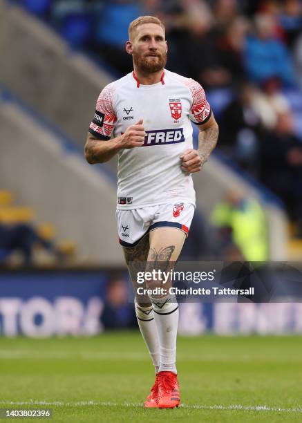 Sam Tomkins of England looks on during the Men's International Friendly match between England and Combined Nations All Stars at The Halliwell Jones...