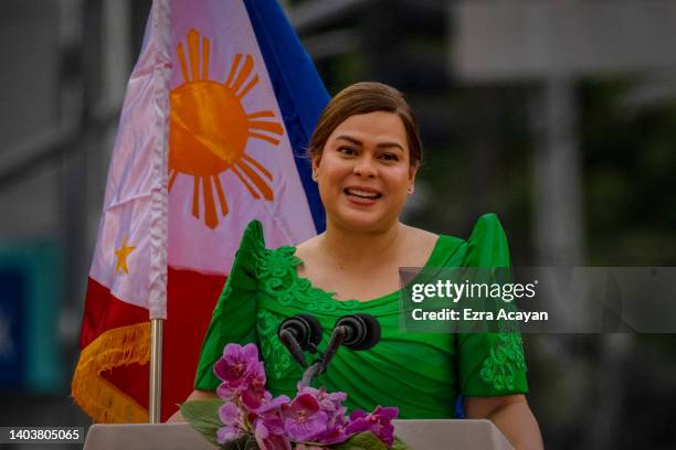 Sara Duterte speaks to supporters after taking her oath as the next Vice President on June 19, 2022 in Davao, Philippines. Sara Duterte took her oath...