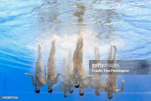 Team Switzerland competes in the Artistic Swimming Team Technical Preliminaries on day three of the Budapest 2022 FINA World Championships at Alfred...
