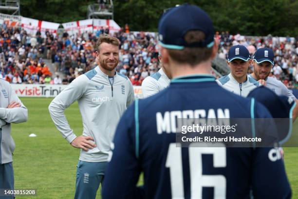 Captain Eoin Morgan presents Jos Buttler of England with his 150th cap before the 2nd One Day International between Netherlands and England at VRA...