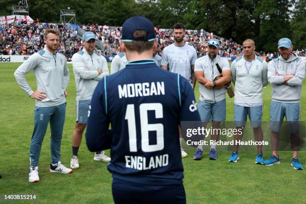 Captain Eoin Morgan presents Jos Buttler of England with his 150th cap before the 2nd One Day International between Netherlands and England at VRA...