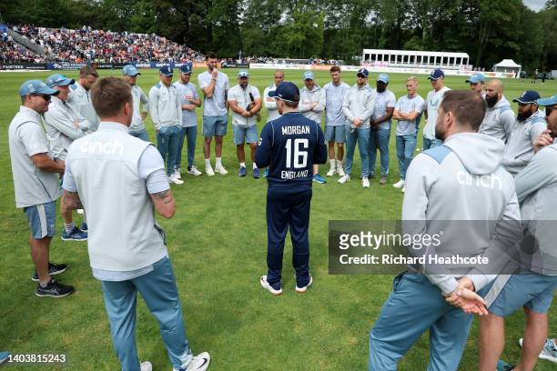 England Captain Eoin Morgan gives a team talk before the 2nd One Day International between Netherlands and England at VRA Cricket Ground on June 19,...
