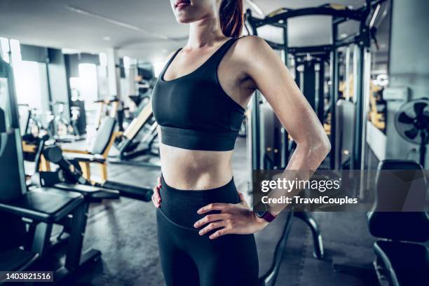 fit woman torso with her hands on hips. female with perfect abdomen muscles. sporty female in sportswear with ideal fitness body. - bíceps fotografías e imágenes de stock