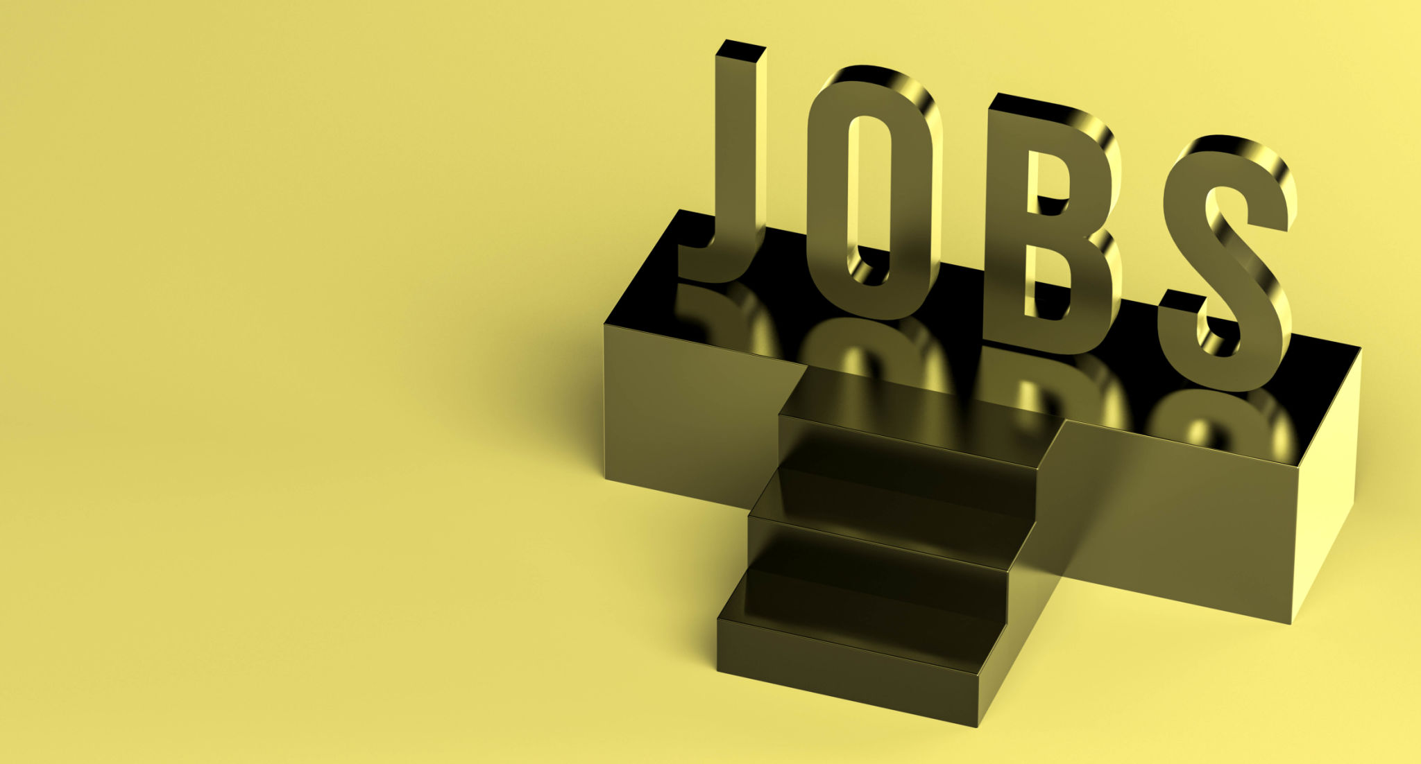 JOBS golden word on a podium on a bright yellow background with space for text. Job or vacancy search banner with place to insert text. 3D render. JOBS golden word on a podium on a bright yellow background with space for text. Job or vacancy search banner with place to insert text. 3D render.