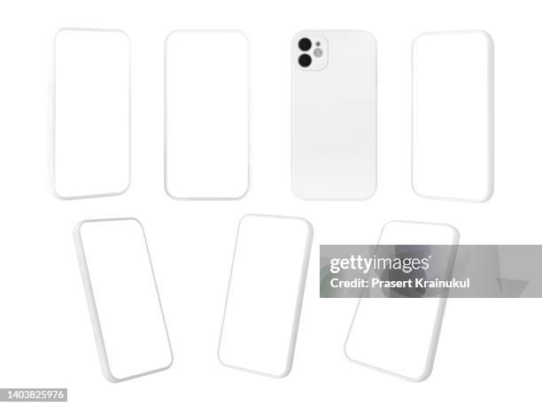 set of white smartphones mockup with blank white screen. clipping path. - apple building stock-fotos und bilder