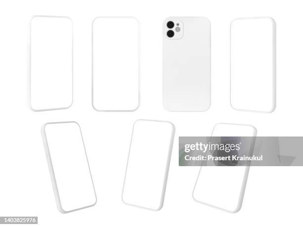 set of white smartphones mockup with blank white screen. clipping path. - imitation stock photos et images de collection