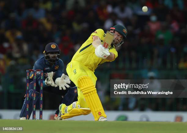 Travis Head of Australia hits the boundary to mark his 50 runs during the 3rd match in the ODI series between Sri Lanka and Australia at R. Premadasa...