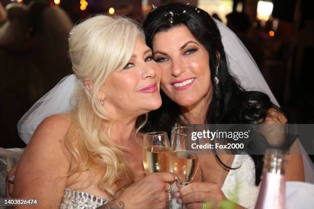 Samantha Fox and Linda Birgitte Olsen marry at King's Oak Hotel, Loughton, on June 18, 2022 in London, England. Diamond wedding rings by Rankins,...