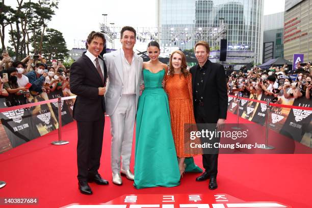 Tom Cruise, Miles Teller, Keleigh Sperry Teller, Linda Bruckheimer and Jerry Bruckheimer attend the Korea Red Carpet for "Top Gun: Maverick" at Lotte...