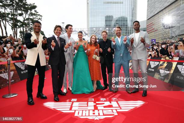 Greg Tarzan Davis, Tom Cruise, Miles Teller, Keleigh Sperry Teller, Linda Bruckheimer, Jerry Bruckheimer, Glen Powell and Jay Ellis attend the Korea...