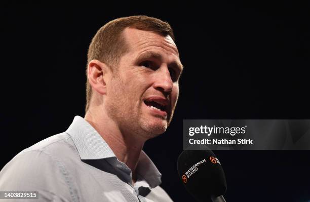 British former professional boxer David Price is interviewed during the Wasserman fight night at M&S Bank Arena on June 17, 2022 in Liverpool,...