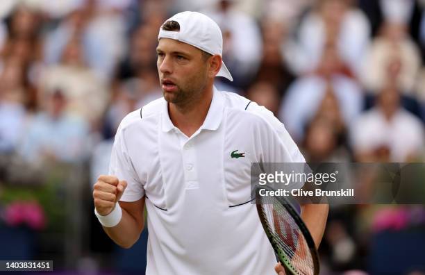 Filip Krajinovic of Serbia celebrates a point against Matteo Berrettini of Italy during the Men's Singles Final match on day seven of the cinch...