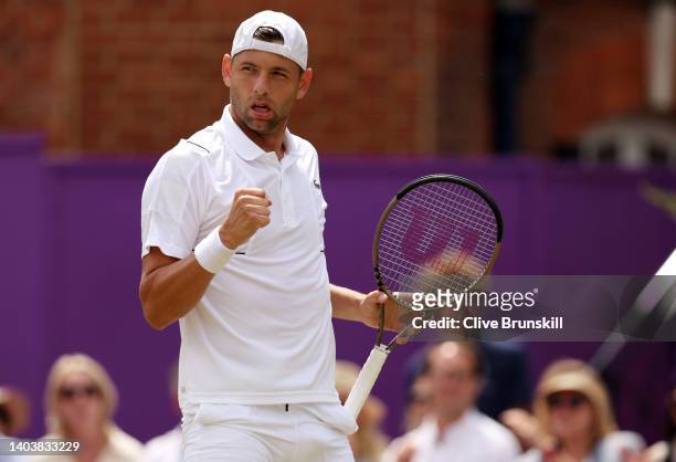 Filip Krajinovic of Serbia celebrates a point against Matteo Berrettini of Italy during the Men's Singles Final match on day seven of the cinch...