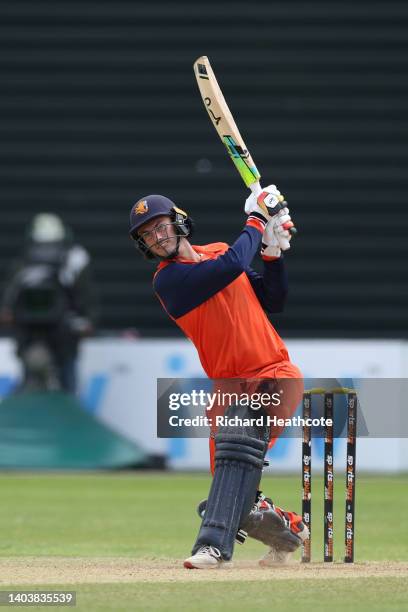 Scott Edwards of Netherlands hits a six during the 2nd One Day International between Netherlands and England at VRA Cricket Ground on June 19, 2022...